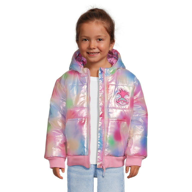 Trolls Toddler Girls’ Iridescent Puffer Jacket with Hood, Sizes 2T- 5T