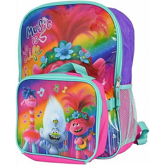 Trolls World Tour 16" Backpack with Lunch Case Set Poppy Music Print
