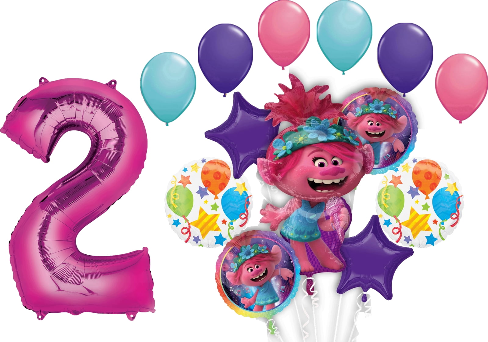 Trolls World Tour 2nd Birthday Party Supplies Poppy Balloon Bouquet Decorations