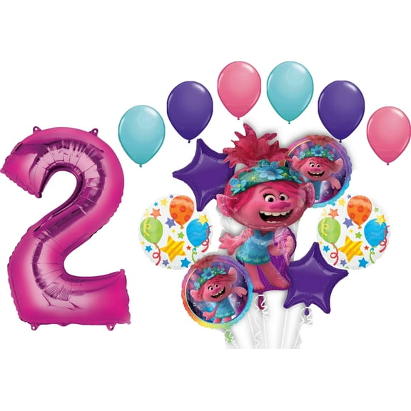 Trolls World Tour 2nd Birthday Party Supplies Poppy Balloon Bouquet Decorations