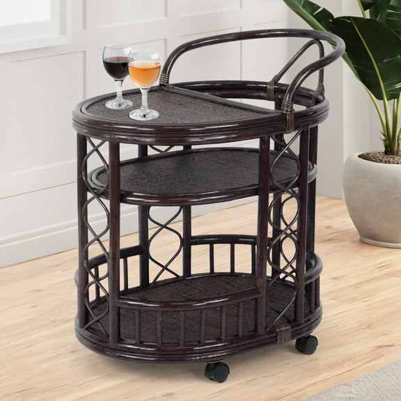 Trolly Moving Serving Cart Bar Table ECO Natural Rattan Wicker Exclusive Handmade, Dark Brown