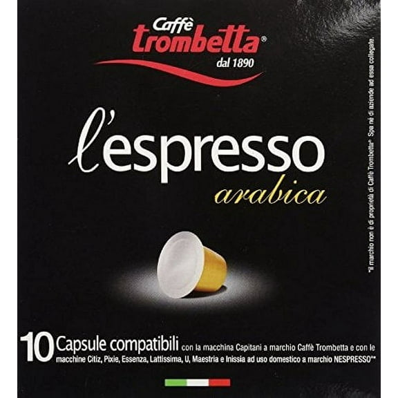 Trombetta Nespresso Italian Coffee - 10 Capsules (L'espresso Arabica" Instant Espresso Coffee Arabica - Compatible Nespresso Espresso Coffee Pods