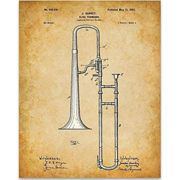 Trombone Art Print - 11x14 Unframed Patent Print - Great Music Room Decor or Gift for Musicians