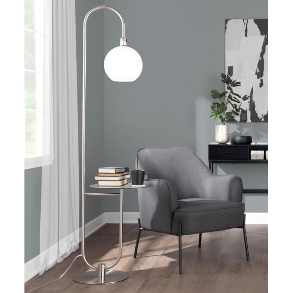 Trombone Contemporary Floor Lamp In Nickel Metal With Clear Glass Shelf
