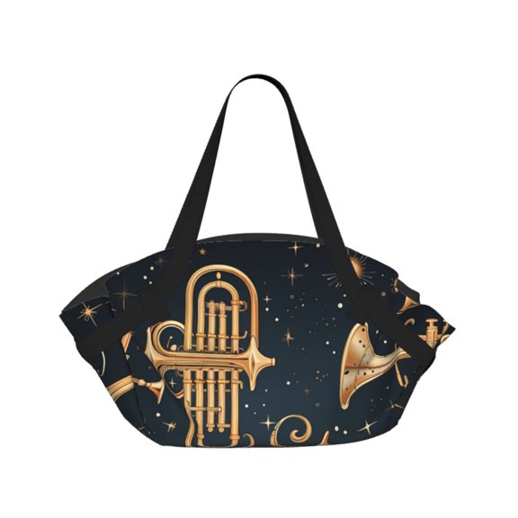 Trombone Musical Instruments Art 2-in-1 Foldable Picnic Blanket Tote Bag Shoulder Handbag, Large Circular Outdoor Mat for Beach Camping Park