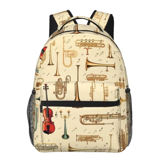 Trombone Musical Instruments Art Vintage Backpack Casual College Bag Zipper Laptop Daypack Hiking Rucksack Travel