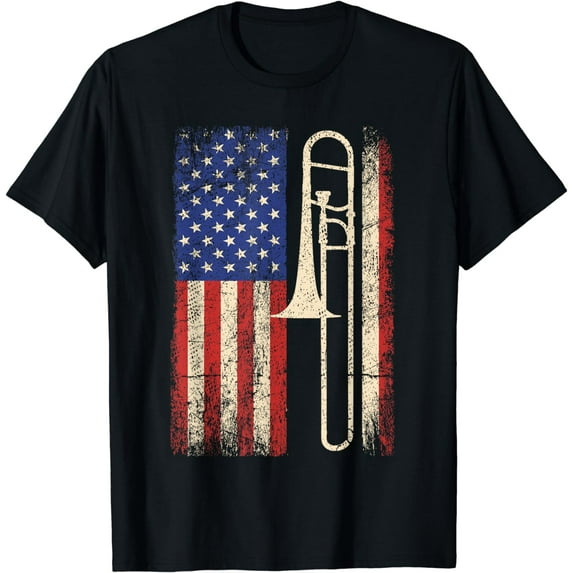 Trombone USA American Flag Shirt Jazz Music Vintage Men Tee T-Shirt