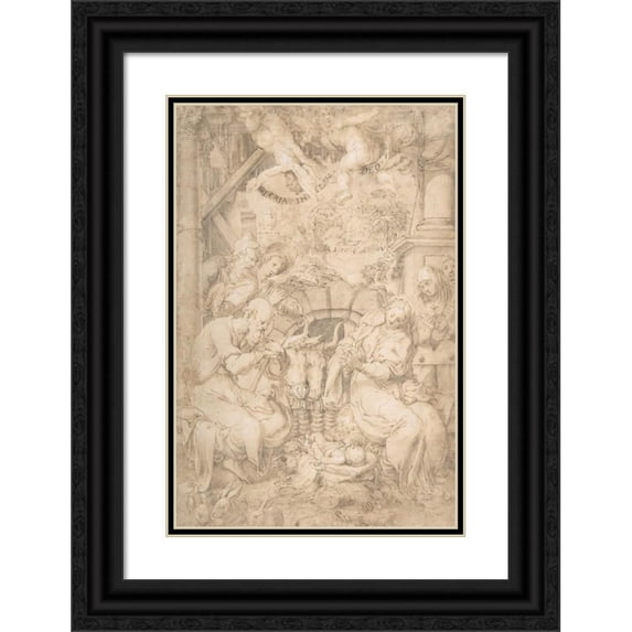 Trometta (Nicolò Martinelli) 13x18 Black Ornate Wood Framed Double Matted Museum Art Print Titled - The Adoration of the Shepherds (ca. 1565)