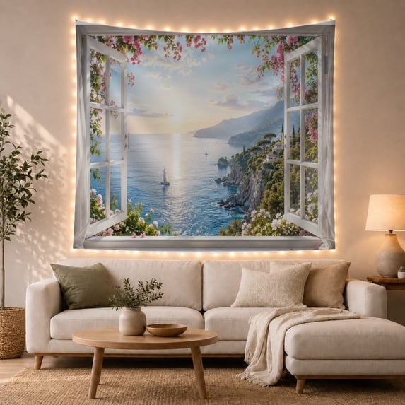 Trompe L'Oeil Window with Bougainvillea and Blue Sea, Serene Coastal for Beach Lovers, Mediterranean Seascape Art, Christmas Gift, Tapestry Wall Hanging for Living Room and Bedroom