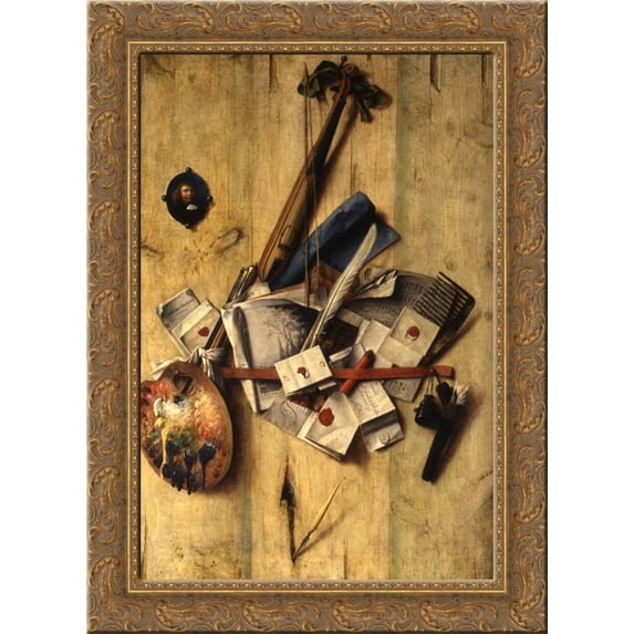 Trompe l'oeil with violin, painter's implements and self-portrait 24x18 Gold Ornate Wood Framed Canvas Art by Cornelis Norbertus Gysbrechts