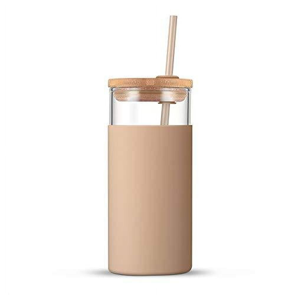 Tronco 24 oz Glass Tumbler with Straw and Lid - Glass Cup with Lid and Straw, Smoothie Cup, Iced Coffee Cup - Bamboo Lid and Protective Silicone