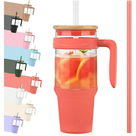 Tronco 40 oz Glass Tumbler with Straw and Lid, Reusable Glass Tumbler with Handle, Iced Coffee Cup with Bamboo Lid, Glass Water Bottles Fit in Cup Holder, Smoothie Cup