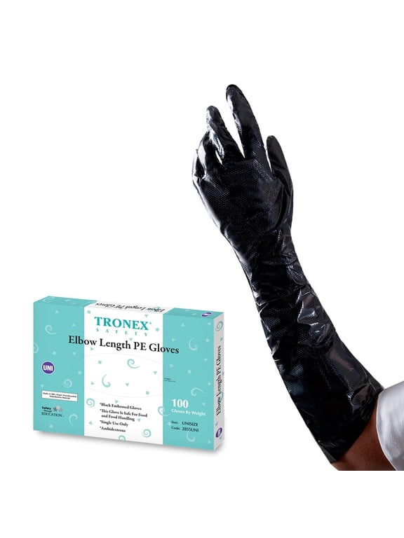 2855UNI 20-Inch Elbow-Length PE Gloves, Black, Unisize, Box of 100