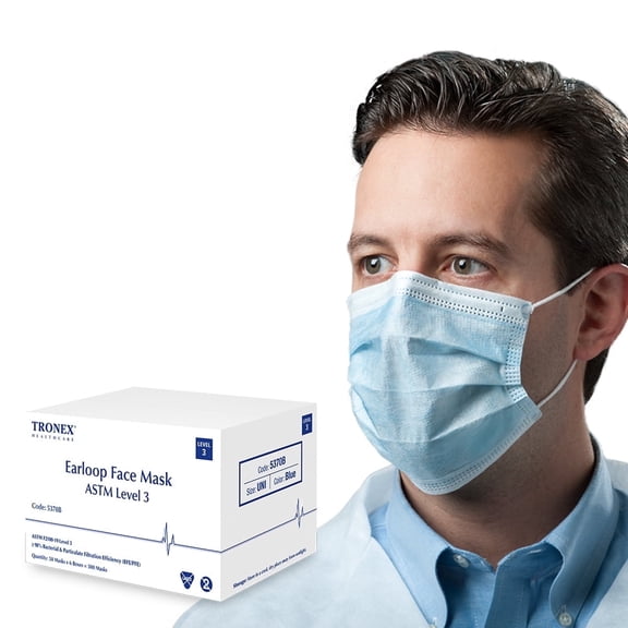 Tronex 5370B ASTM Level 3 Procedure Face Mask With Earloops, Blue, Unisize, Case of 300