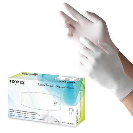 Tronex Tear Resistant Latex Rubber Gloves, Powder-Free, Fully-Textured, White, Medium, Box of 100