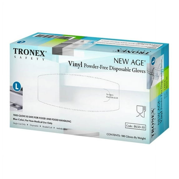 Tronex New Age Disposable Powder-Free Vinyl Gloves, Small, Blue, Box of 100 Gloves