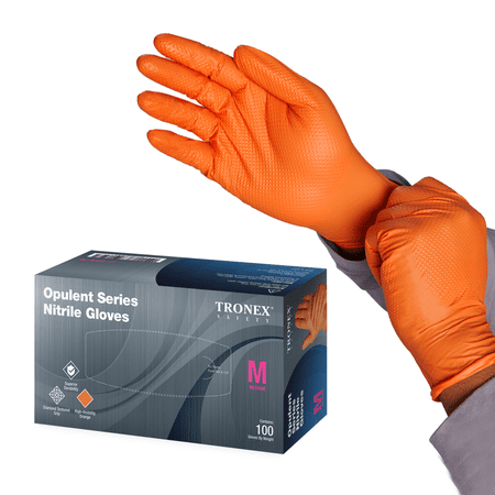 Tronex 9059 Heavy-Duty 8 Mil Nitrile Gloves, Diamond Texture, Orange, Large, Box of 100