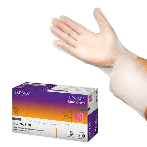Tronex Premium Textured Synthetic Hybrid Recyclable Poly Disposable Gloves, Food Safe, Clear, Large (Box of 200)