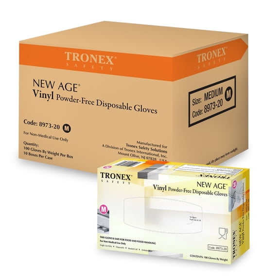 Tronex Vinyl Disposable Gloves, Food Safe, Powder-Free, White, Medium (Case of 1000)