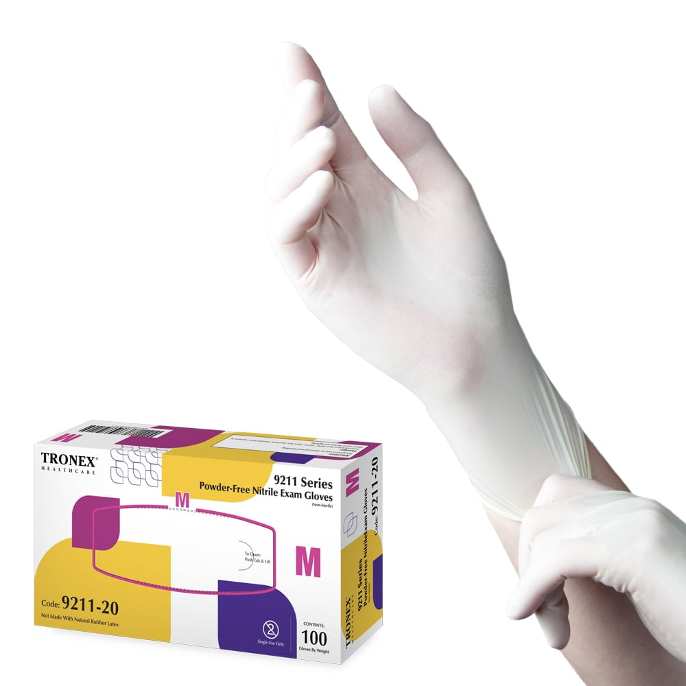 Tronex White Nitrile Exam Gloves Medical Grade Finger Textured Powder Free