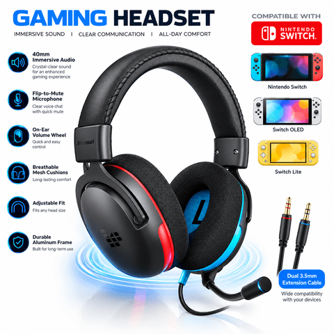 TRONSMART G10 Wired Gaming Headset with Flip Mic,Volume Wheel,3.5mm Jack/1.2m Audio,Lightspeed Headphones for Nintendo Switch/Switch OLED/Switch Lite,Blue