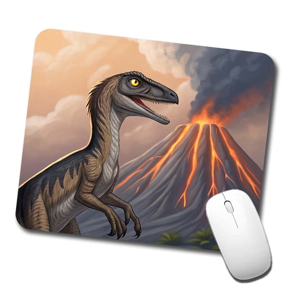 Troodon Volcano Erupting Dinosaur Mouse Pad Low Profile Gaming Mat