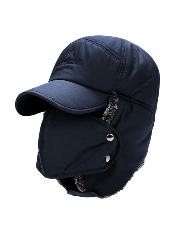 Trooper Trapper Bomber Hat Winter Warm Russian Hats with Ear Flaps and Removeable Facemask Hunting Ski Aviator Outdoor Windproof Cotton Polyamide Caps for Men and Women Adjustable Size(Blue)