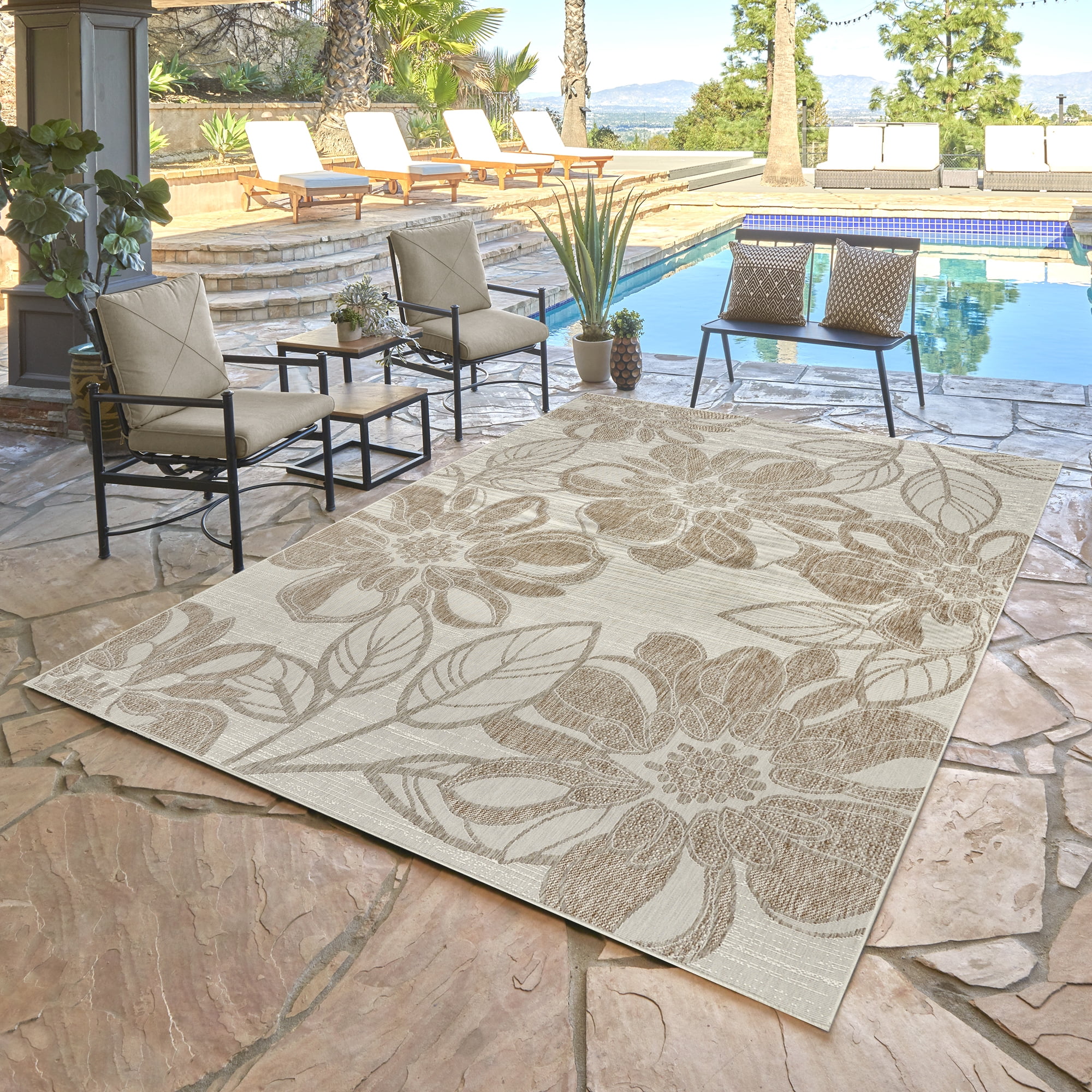 Tropea Woodbury Casual Tropical Floral Beige Ivory Premium Flatweave UV Resistant Indoor Outdoor Area Rug, 5x8