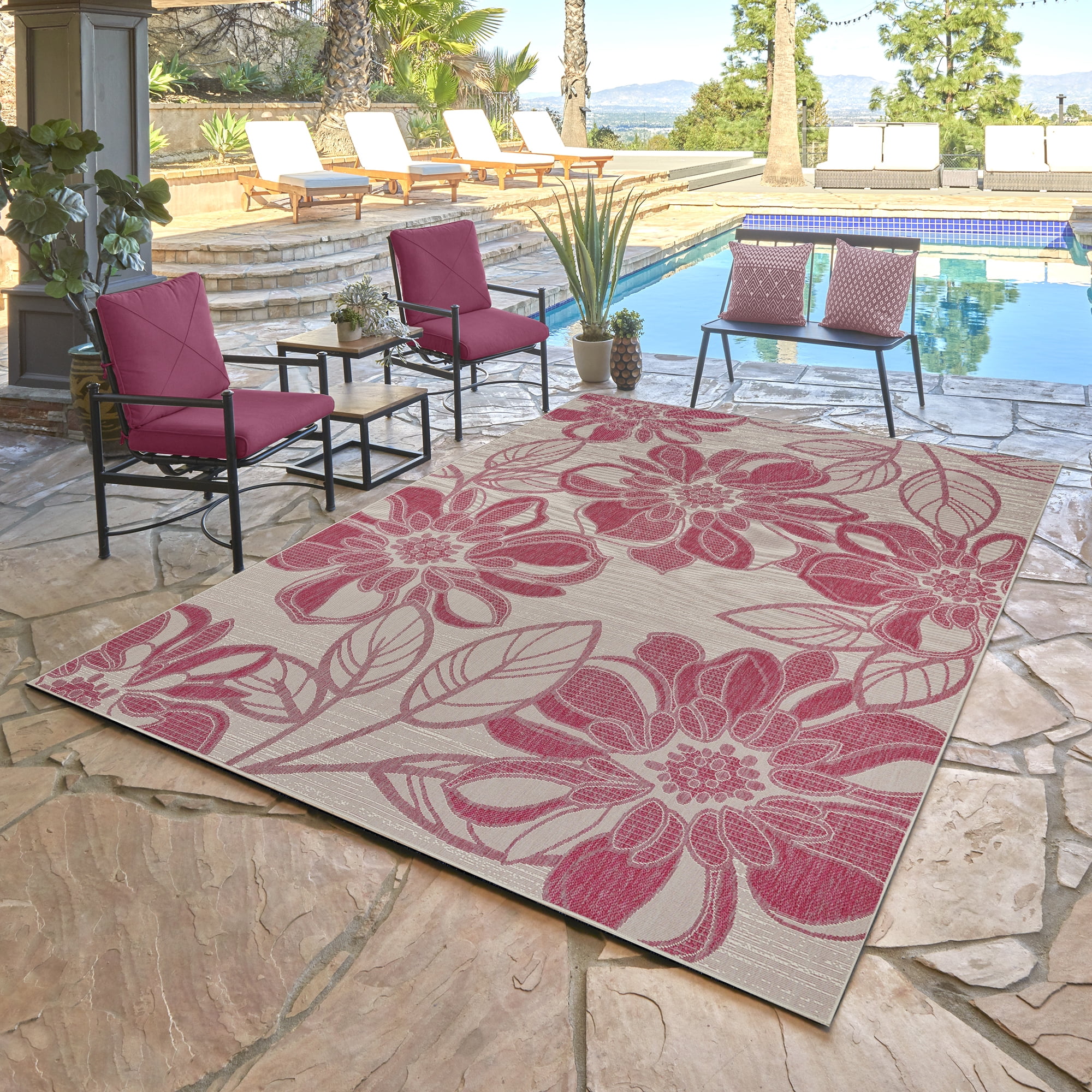 Tropea Woodbury Casual Tropical Floral Fushia Ivory Premium Flatweave UV Resistant Indoor Outdoor Area Rug, 5x8