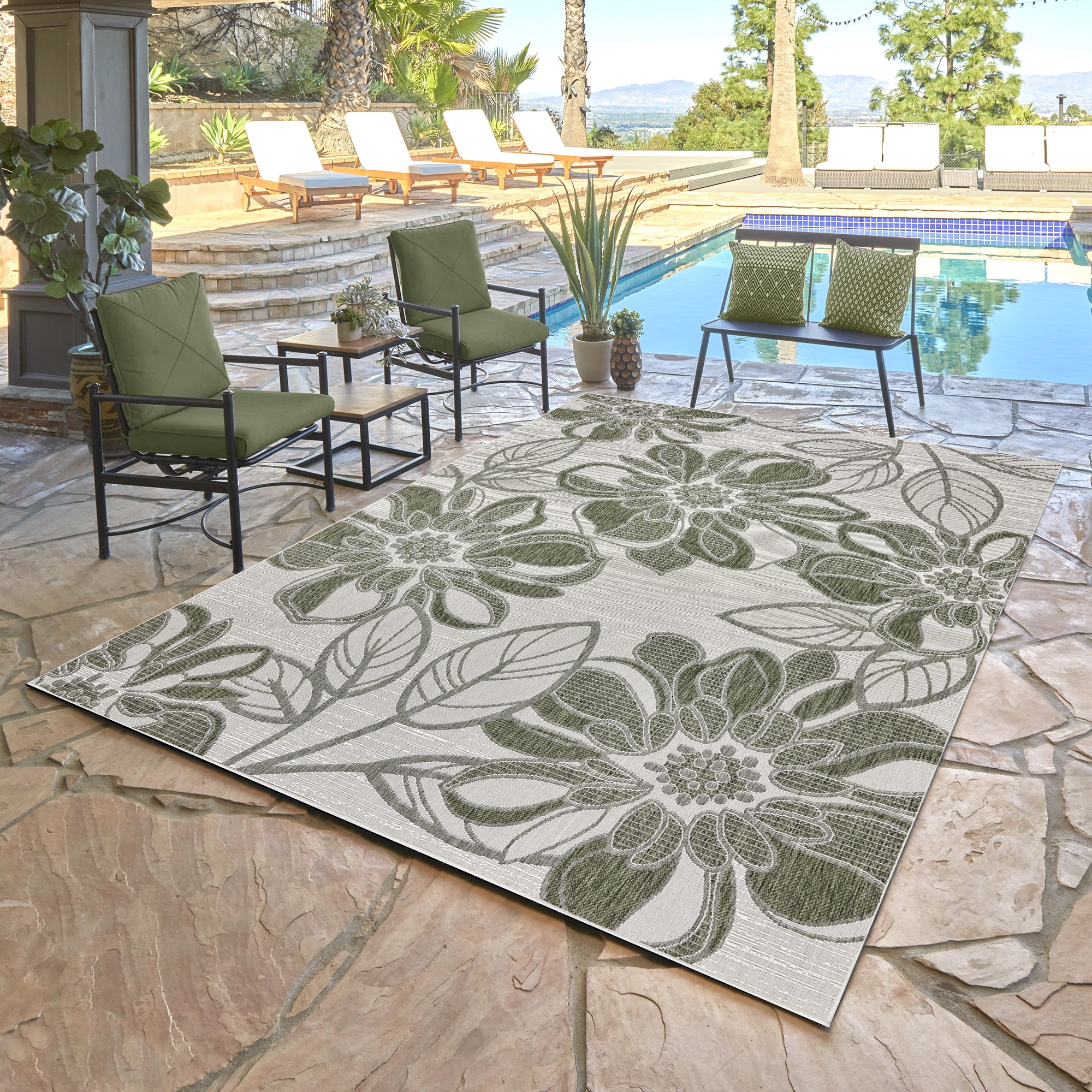 Tropea Woodbury Casual Tropical Floral Green Ivory Premium Flatweave UV Resistant Indoor Outdoor Area Rug, 6x9