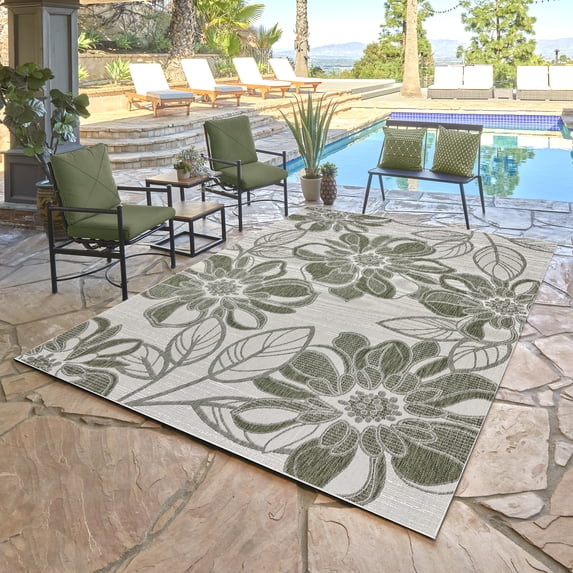 Tropea Woodbury Casual Tropical Floral Green Ivory Premium Flatweave UV Resistant Indoor Outdoor Area Rug, 8x10