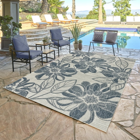 Tropea Woodbury Casual Tropical Floral Navy Ivory Premium Flatweave UV Resistant Indoor Outdoor Area Rug, 5x8