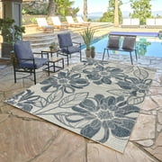 Tropea Woodbury Casual Tropical Floral Navy Ivory Premium Flatweave UV Resistant Indoor Outdoor Area Rug, 8x10