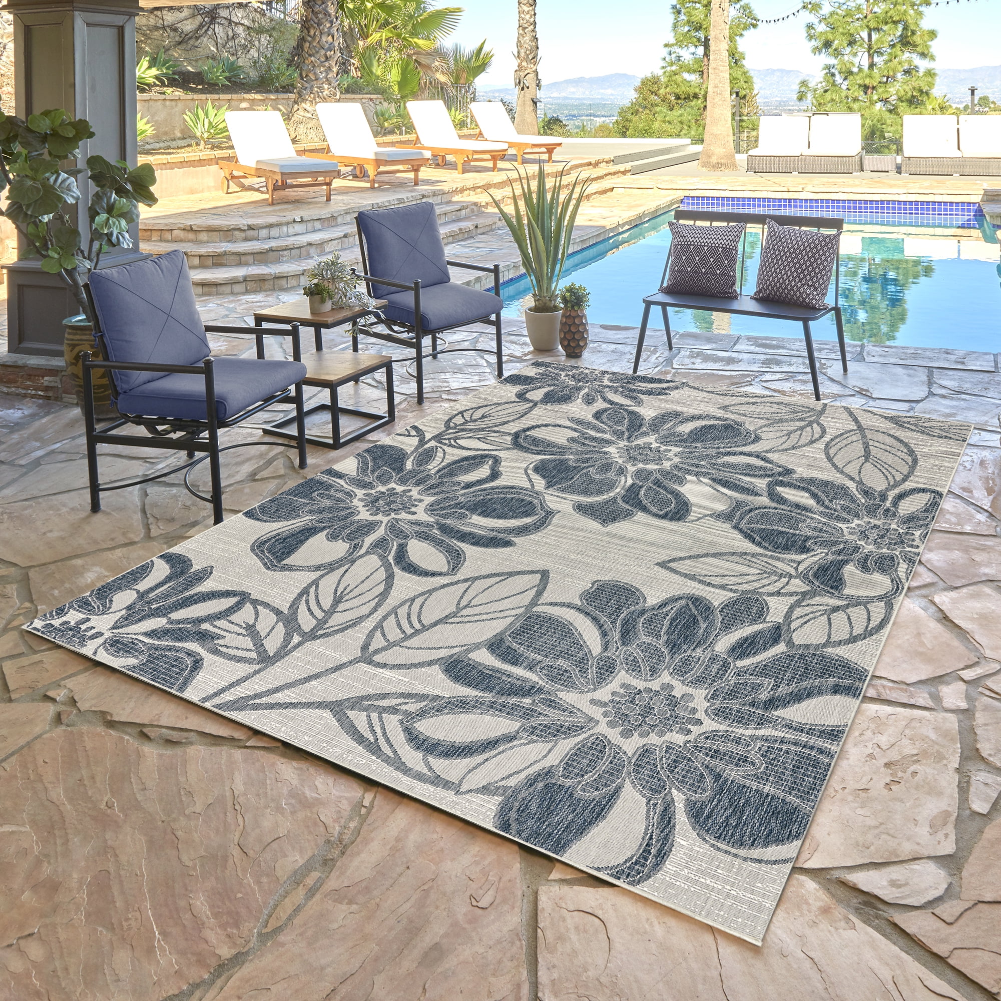 Tropea Woodbury Casual Tropical Floral Navy Ivory Premium Flatweave UV Resistant Indoor Outdoor Area Rug, 9x13