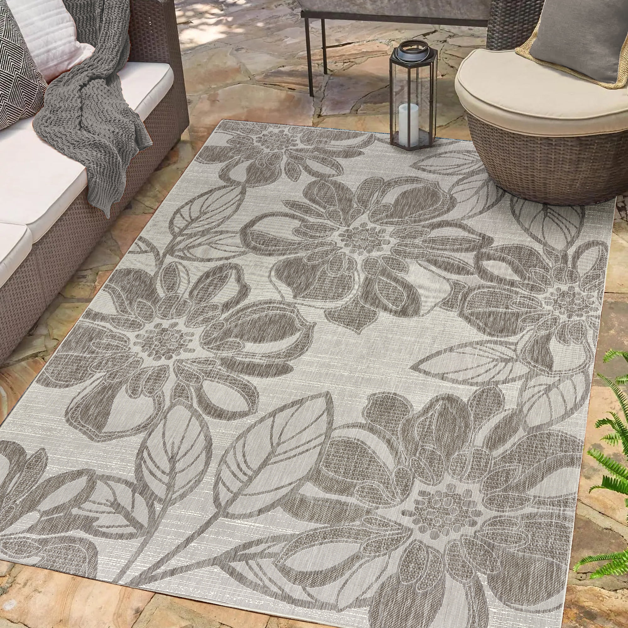 Tropea Woodbury Casual Tropical Floral Gray Ivory Premium Flatweave UV Resistant Indoor Outdoor Area Rug, 5x8