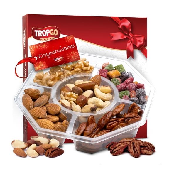 Tropgo 5 Sections Mixed Nuts Gift Set  Delicious Almonds, Walnuts, Cashews, Sweet Mango Cubes & Raw Pecans Mixed Nuts Snacks  Red Congratulations Card Snack Box