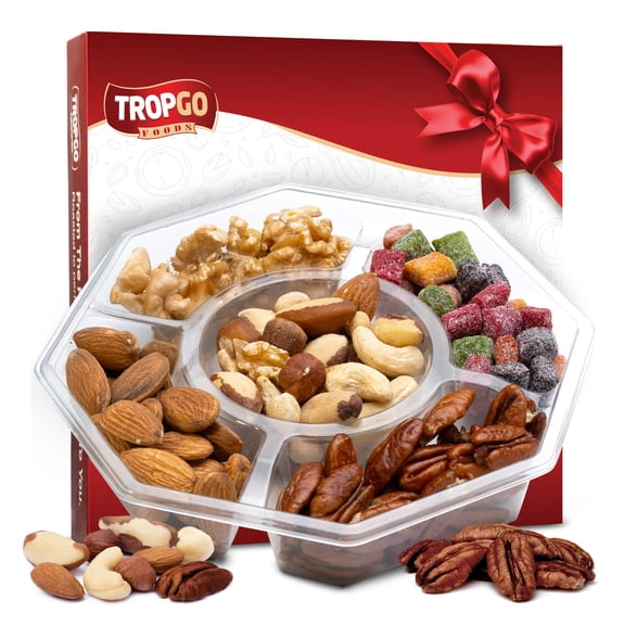 Tropgo 5 Sections Mixed Nuts Gift Set Snacks Treat Gift with Almonds, Walnuts, Cashews, Raw Pecans & Sweet Mini Mango Cubes Mixed Nuts Snacks
