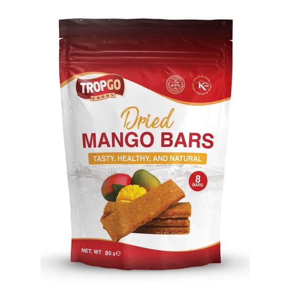 Tropgo Dried Mango Bars - 8 Bars Healthy Fruit Snack Made from 100% Mango Dried Natural Energy Source, Vegan, Plant-Based Healthy Snack for Adults & Kids in Resealable Bag (80g)
