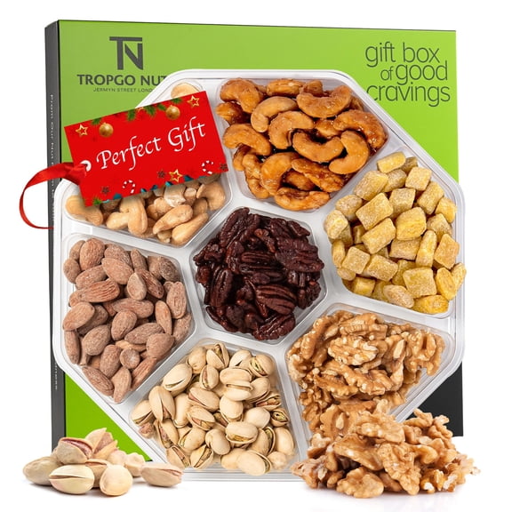 Tropgo Mixed Nuts Gift Set - 7 Sections Healthy Tray Snack, Almonds, Walnuts, Caramelised Cashews, Roasted Salted Cashews, Caramelised Pecans, Pistachios, and Mango Mini Cubes - Kosher Nut Mix