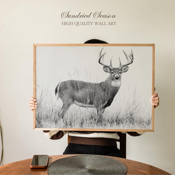 Trophy Buck Drawing Art Print, Realistic Pencil Deer In Tall Grass, Black & White Wildlife Decor For Hunting Lodge Or Rustic Office UNFRAMED Poster, Wall Art for Decor, Present, 12x18