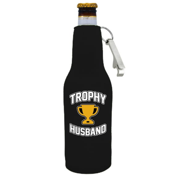 Trophy Husband Beer Bottle Coolie With Opener (Black)