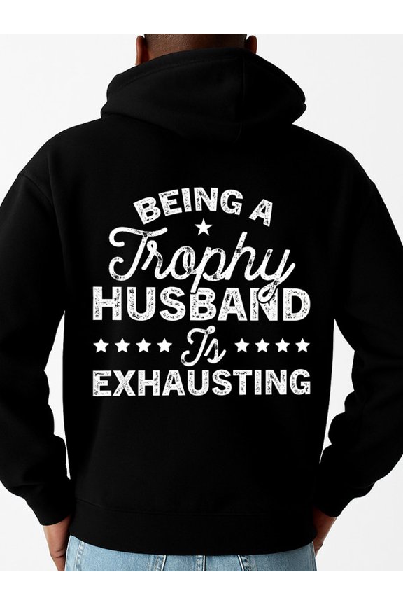 Trophy Husband Funny Men's Hoodie - Black, Comfy Loose Drawstring, Autumn/Winter, Trendy Pullover