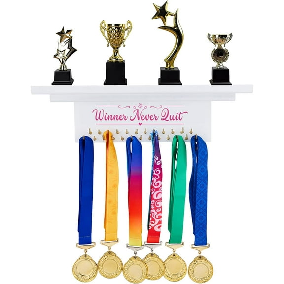 Trophy and Medal Display Shelf Wooden Trophy Shelf with Hooks Board Display Trophy Shelf Medal Hooks for Medals Wood Wall Mount Medal Holder Winner Never Quit Display Rack for Athletes diy Word