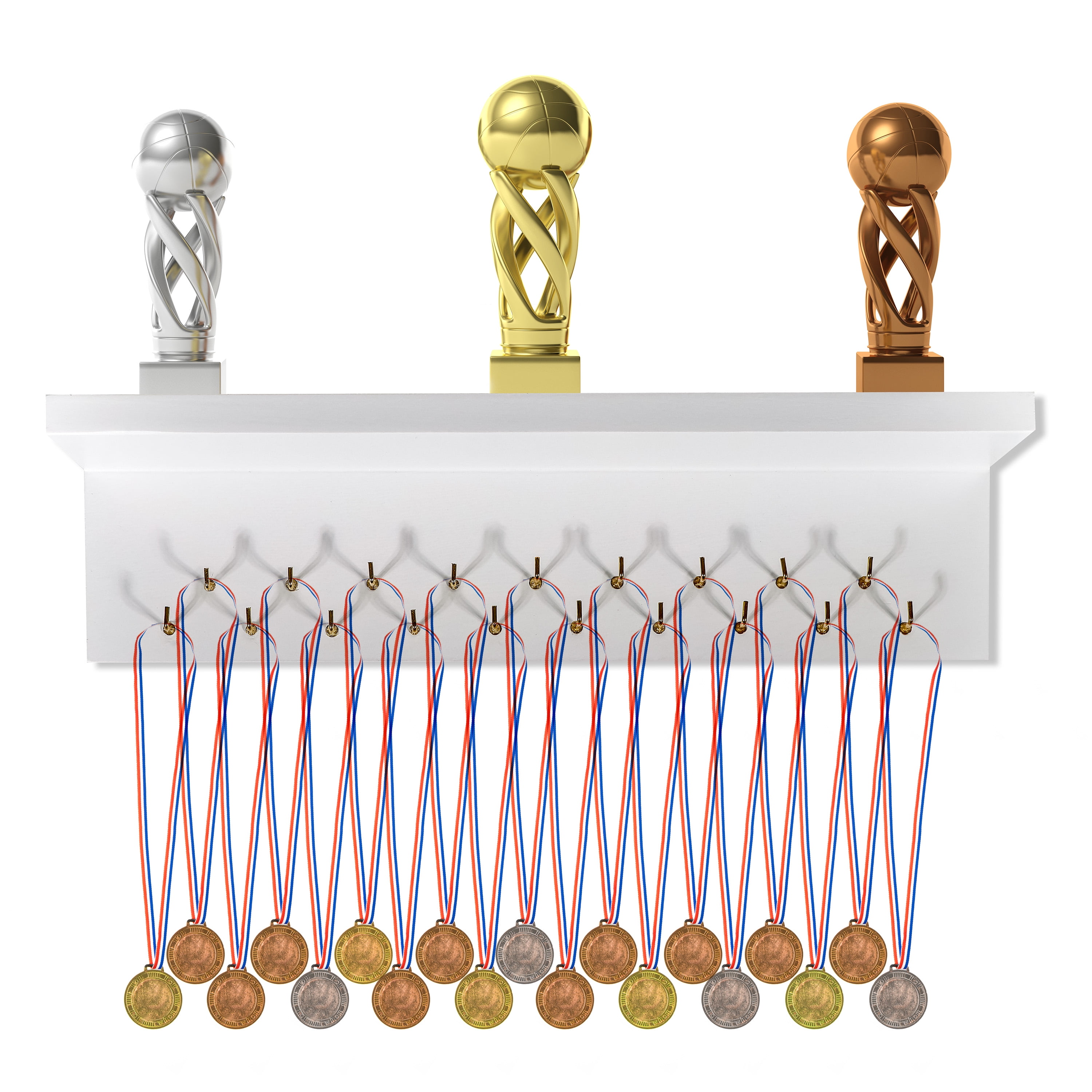 Trophy, Medal & Ribbon Display Shelf with Hanging Hooks
