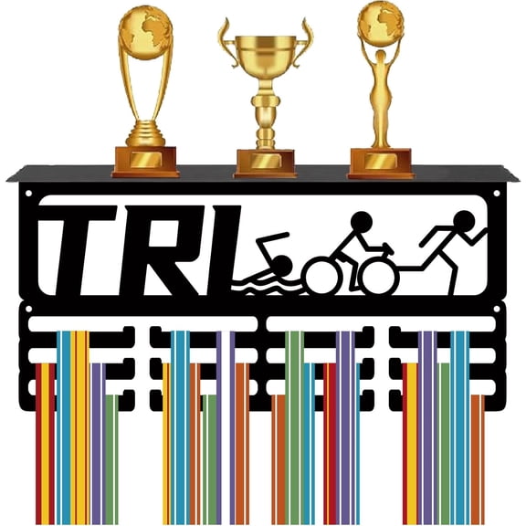 Trophy and Medal Stand Triathlon Medal Display Metal Black Rectangle 3 Rows Sport Iron Wall Mount Hold 60+ Athlete Awards Hang Holder for Triathlon Running Sports Race Cheer 15.7 x 7.9 Inch