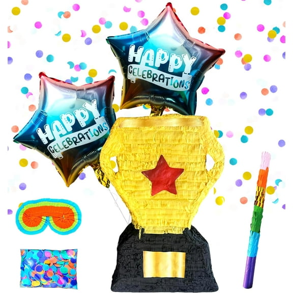 Trophy Pinatas for Birthday, Sports Theme Party Decorations, Celebrations, Party Props with Buster Stick, Blindfold, Confetti, and 2 Balloons
