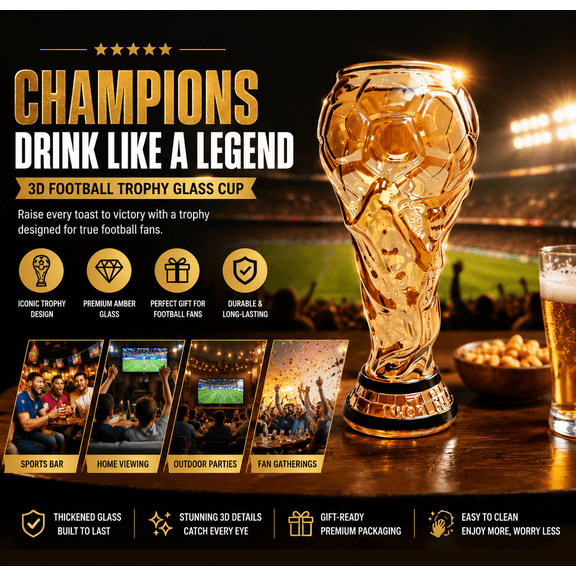 Trophy Shaped Beer Glass, Large Capacity Soccer Fan Cup for Outdoor Screen Game Day Watch Party, Tailgate, Bar & Home Drinking