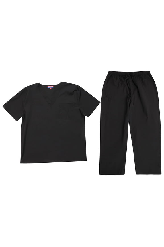 Tropi Mens Scrub Sets - Four Pocket Medical Scrubs Uniform (V-Neck with Cargo Pant) (Black, Large)