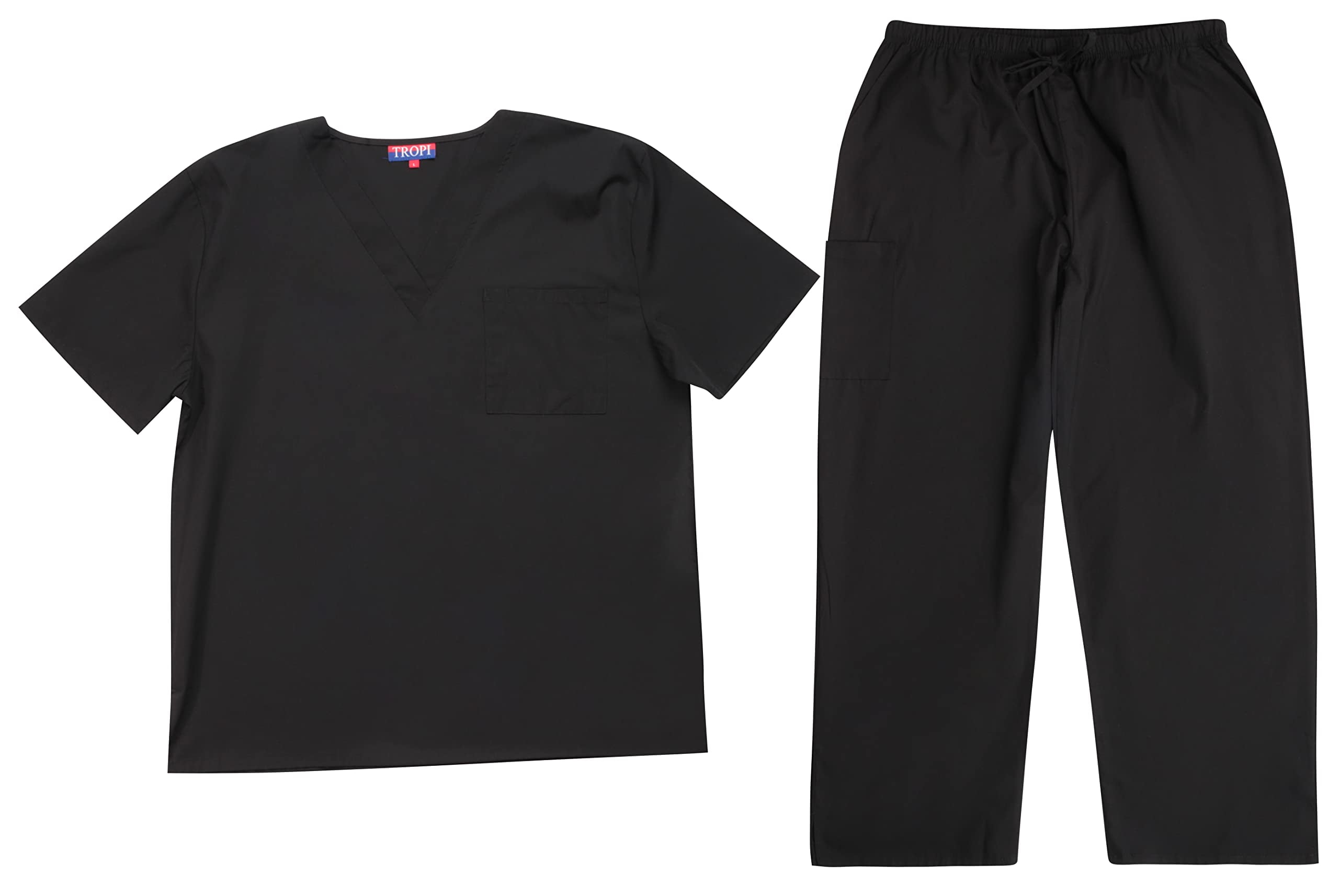 Tropi Mens Scrub Sets - Four Pocket Medical Scrubs Uniform (V-Neck with Cargo Pant) (Black, X-Large)