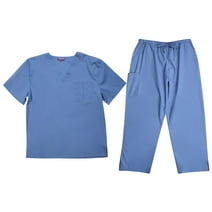 Tropi Mens Scrub Sets - Four Pocket Medical Scrubs Uniform (V-Neck with Cargo Pant) (Ceil, Medium)